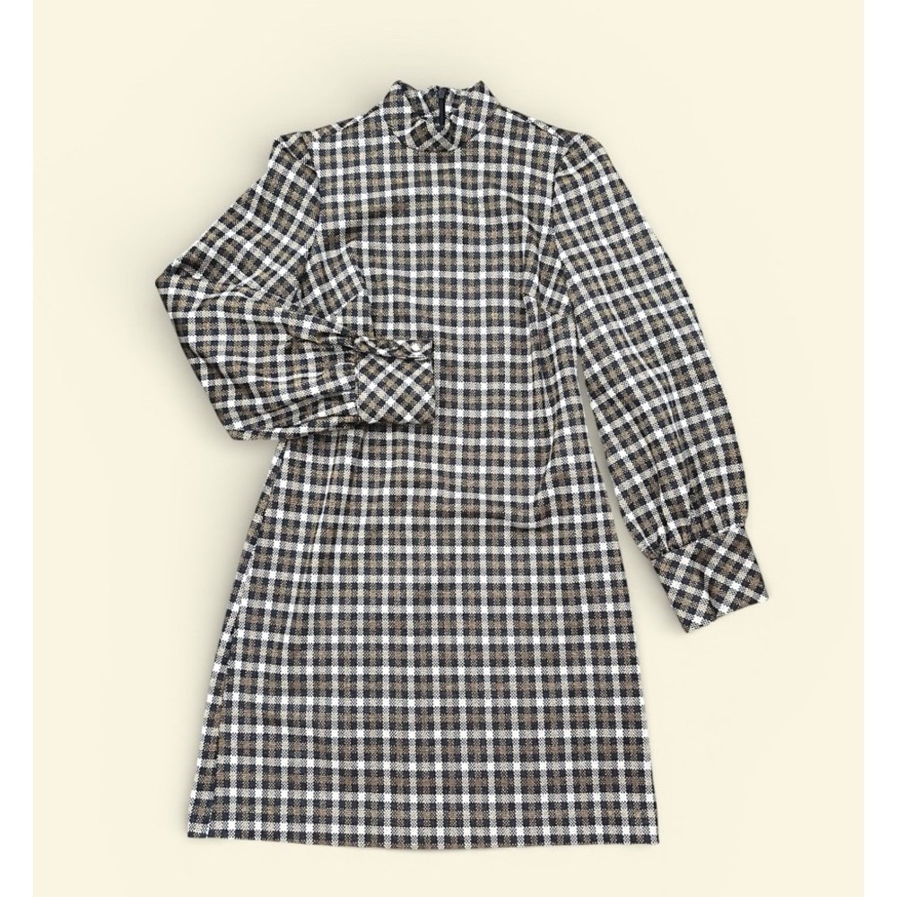 Calvin Klein L/S Metallic Gold Blue Plaid Go Go Girl Dress Retro Hippie Sz 2